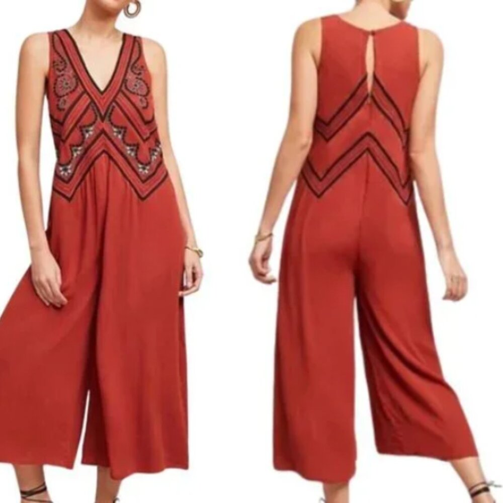Anthropologie MAEVE Desert Embroidered Jumpsuit Rust Wide Leg Cropped US 2 UK 4